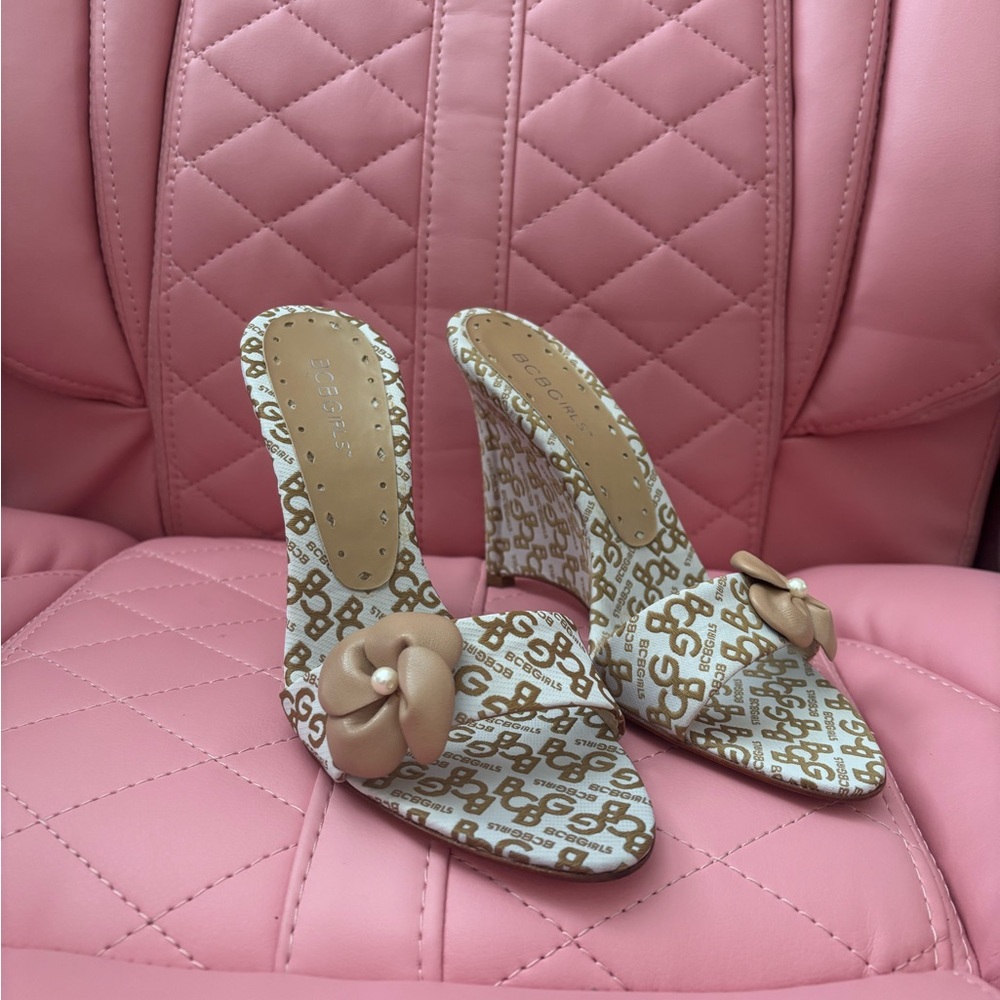 BCBGirls Cream and Brown Logo Heels